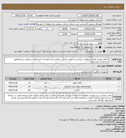 استعلام غلاف تعمیری هادی پر ظرفیت دریک-پرس انتهایی هادی پر ظرفیت دریک-کفشک جامپر هادی پر ظرفیت دریک(مطابق مشخصات پیوستی)
