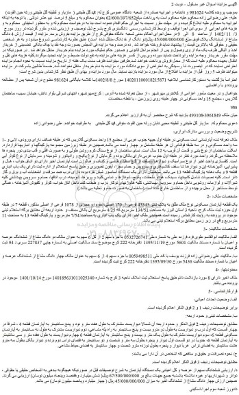 مزایده فروش یک قطعه آپارتمان مسکونی نوع ملک طلق به پلاک ثبتی 43343 فرعی از 170 اصلی، مفروزو مجزی از 1078 فرعی از اصلی