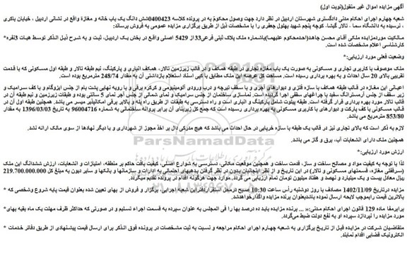 مزایده فروش شش دانگ یک باب خانه و مغازه