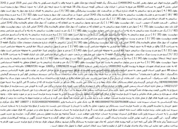 آگهی مزایده ششدانگ یک قطعه آپارتمان نوع ملک طلق با عرصه وقف با کاربری مسکونی به پلاک ثبتی ثبتی 1519 فرعی از 3142 اصلی