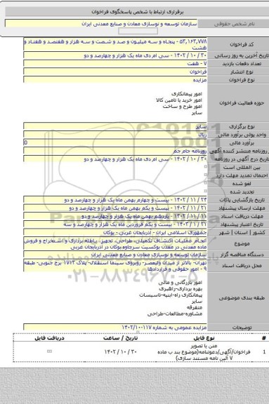 مزایده, انجام عملیات اکتشاف تکمیلی، طراحی، تجهیز، باطله برداری و استخراج و فروش ماده معدنی در معدن بوکسیت سرچاوه بوکان در آذربایجان غربی