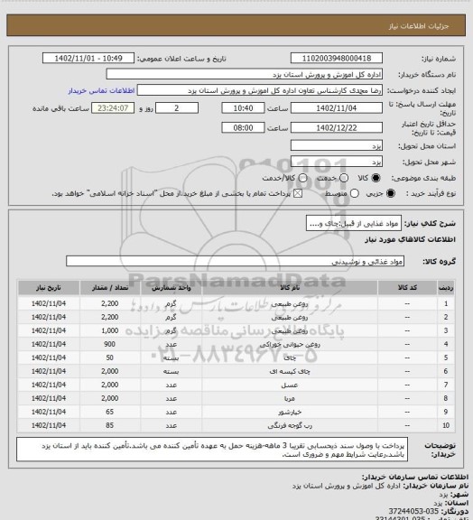 استعلام مواد غذایی از قبیل:چای و....