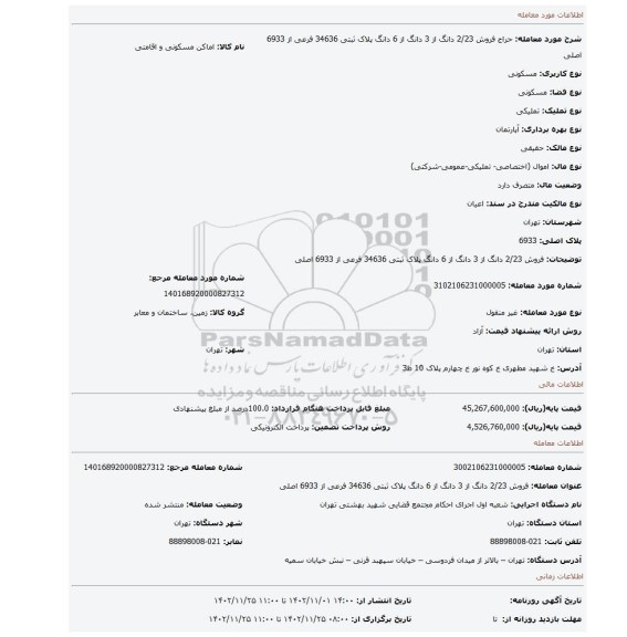 فروش 2/23 دانگ از 3 دانگ از 6 دانگ پلاک ثبتی 34636 فرعی از 6933 اصلی