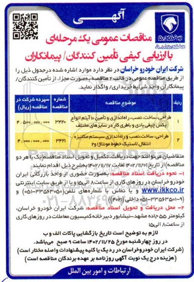 مناقصه طراحی، ساخت، نصب، راه اندازی و تامین 10 آیتم انواع بکس چپقی، بادی و باطری کار در سایزهای مختلف...