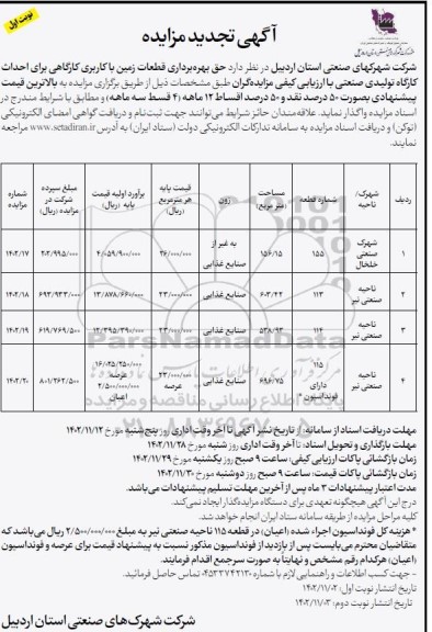 تجدید مزایده حق بهره برداری قطعات زمین با کاربری کارگاهی برای احداث کارگاه تولیدی صنعتی