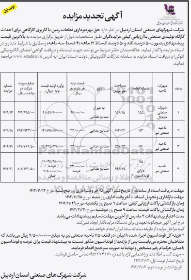 تجدید مزایده حق بهره برداری قطعات زمین با کاربری کارگاهی برای احداث کارگاه تولیدی صنعتی