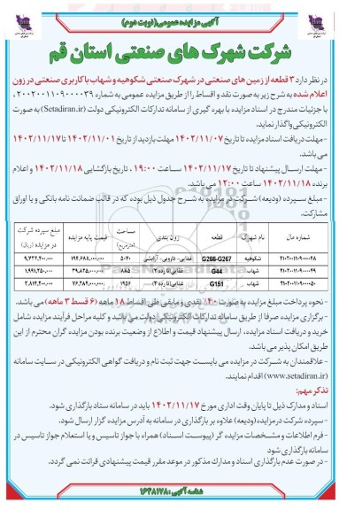 مزایده واگذاری 3 قطعه از زمین های صنعتی در شهرک صنعتی شکوهیه و شهاب با کاربری صنعتی - نوبت دوم