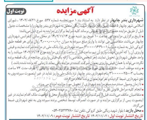مزایده فروش 5 قطعه زمین