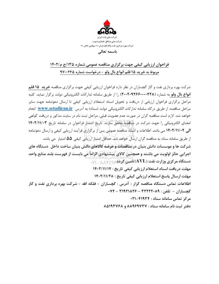 مناقصه خرید 15 قلم انواع بال ولو