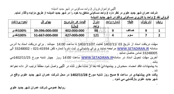 فراخوان فروش 2 واحد مسکونی 