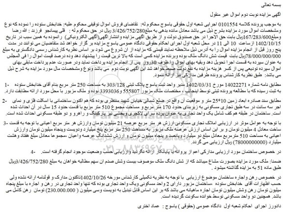 مزایده فروش املاک تجاری مسکونی
