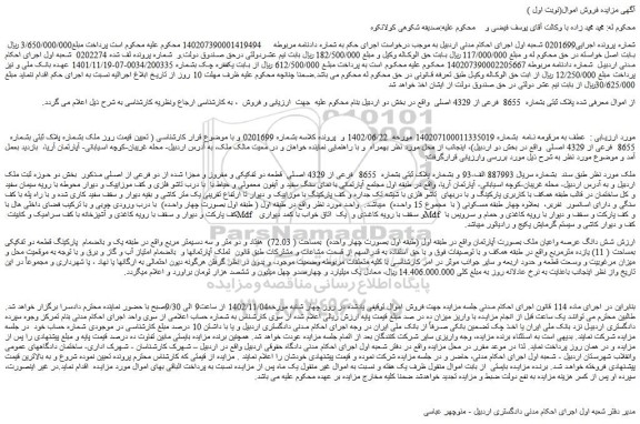 مزایده فروش ملک  پلاک ثبتی بشماره  8655  فرعی از 4329 اصلی