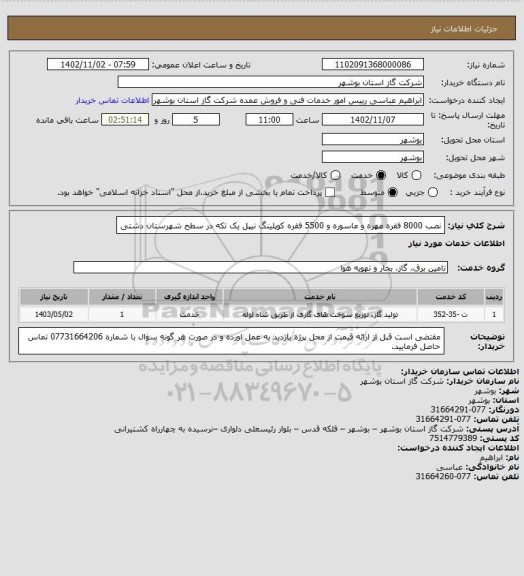 استعلام نصب 8000 فقره مهره و ماسوره و 5500 فقره کوپلینگ نیپل یک تکه در سطح شهرستان دشتی