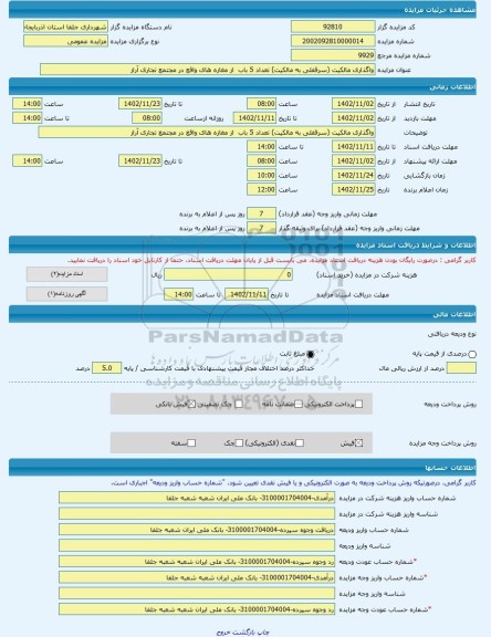 مزایده ، واگذاری مالکیت (سرقفلی به مالکیت) تعداد 5 باب  از مغازه های واقع در مجتمع تجاری آراز -مزایده مغازه(سرقفلی)  - استان آذر