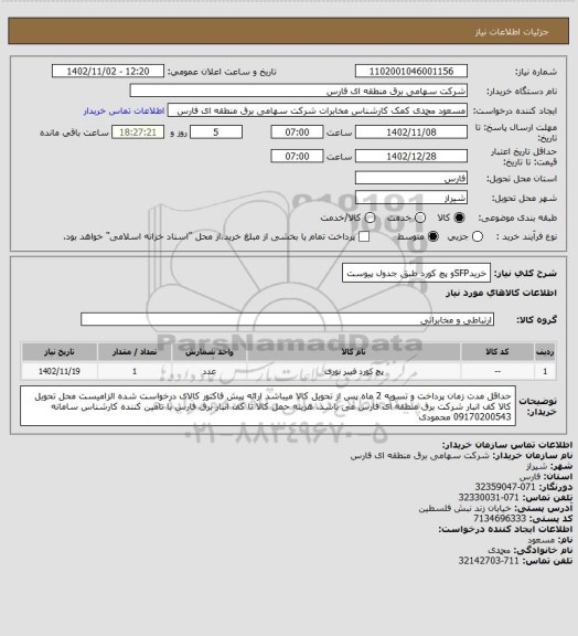 استعلام خریدSFPو پچ کورد طبق جدول پیوست