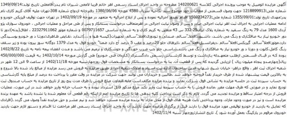 آگهی مزایده خودروی سواری پژو آردی 1600 مدل 79 