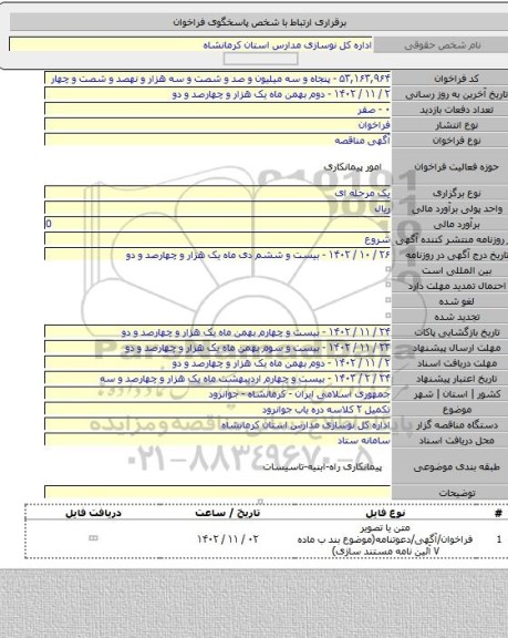 مناقصه, تکمیل ۲ کلاسه دره یاب جوانرود