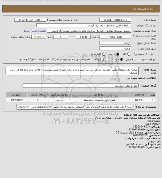 استعلام شعبه یک سازمان تامین اجتماعی در نظر دارد سرویس درون و برون شهری جهت بازرسی و ابلاغ و خرید لوازم اداری و ... با شرایط
