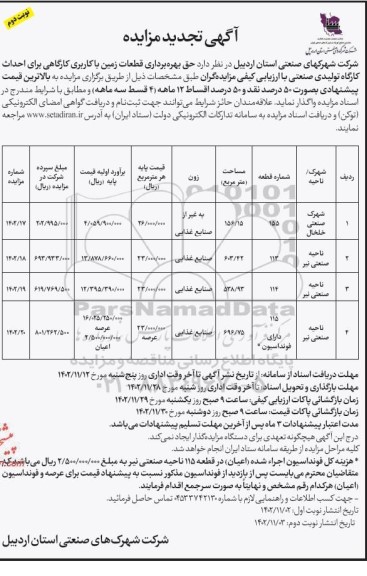 تجدید مزایده حق بهره برداری قطعات زمین با کاربری کارگاهی برای احداث کارگاه تولیدی صنعتی- نوبت دوم 