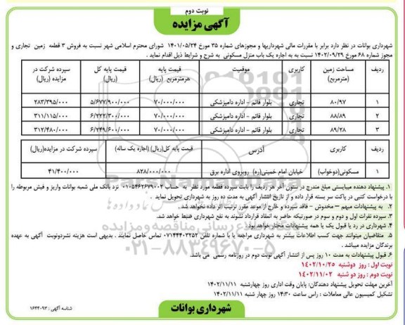 مزایده فروش 3 قطعه زمین تجاری و اجاره یک باب منزل مسکونی - نوبت دوم