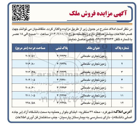 مزایده فروش ملک کاربری تجاری و خدماتی