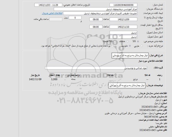 استعلام نیاز بیمارستان به برنج