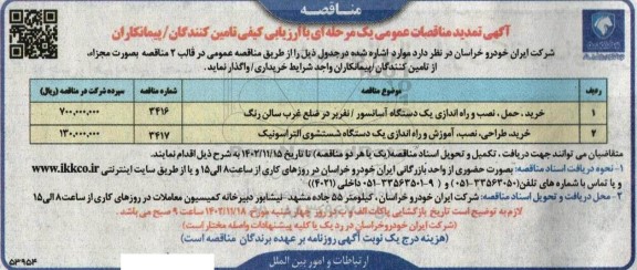 تمدید مناقصه خرید، حمل، نصب و راه اندازی یک دستگاه آسانسور ...