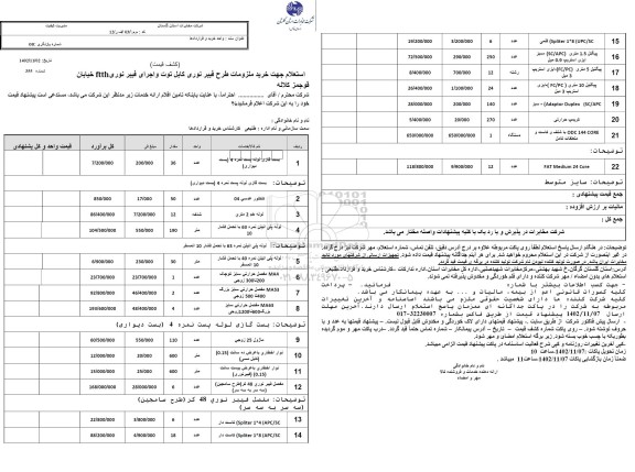 استعلام جهت خرید ملزومات طرح فیبر نوری کابل توت و اجرای فیبر نوری FTTH خیابان  