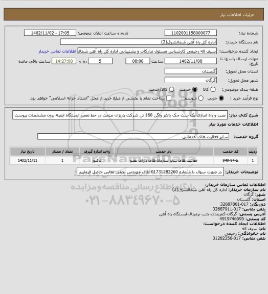 استعلام نصب و راه اندازی یک ست جک بالابر واگن 160 تن شرکت پاریزان صنعت در خط تعمیر ایستگاه اینچه برون مشخصات پیوست