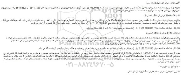 مزایده فروش شش دانگ یک قطعه زمین محصور بمساحت عرصه 304/84 مترمربع با کاربری مسکونی