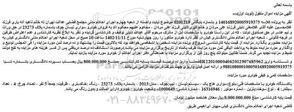 مزایده فروش سواری هاچ بک ، سیستم:نیسان ، تیپ:جوک ، مدل:2013 