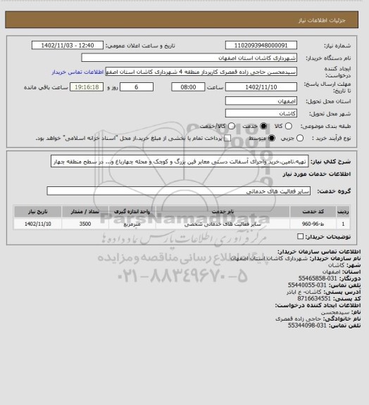 استعلام تهیه،تامین،خرید واجرای آسفالت دستی معابر فین بزرگ و کوچک و محله چهارباغ و... در سطح منطقه چهار