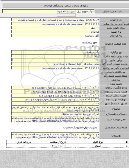 مناقصه, تامین نیروی انسانی جهت انجام کلیه فرایندهای خدمات مشترکین  در مناطق اجرایی ۴،۷،۸،۹ و شهرستانهای شرق