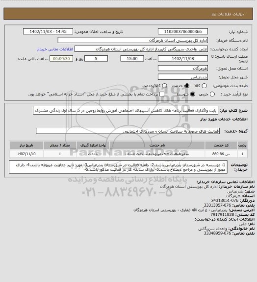 استعلام بابت واگذاری فعالیت برنامه های کاهش آسیبهای اجتماعی آموزش روابط زوجین در 5 سال اول زندگی مشترک