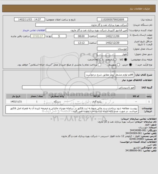 استعلام 8قلم لوازم مشعل بویلر مطابق شرح درخواست