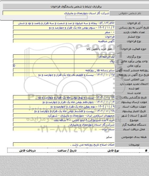 مناقصه, خرید ۹عدد شیرتوژکی ۸ اینچ کلاس ۳۰۰ ساقه بلند