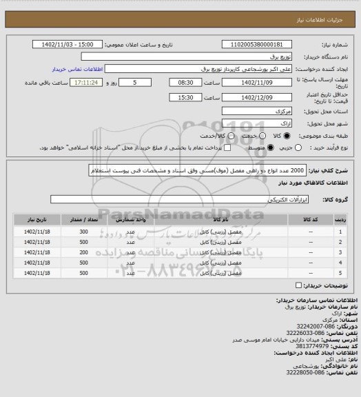 استعلام 2000 عدد انواع دو راهی مفصل (موف)مسی وفق اسناد و مشخصات فنی پیوست استعلام