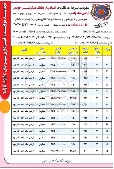 تجدید مزایده فروش 15 قطعه اراضی مسکونی 