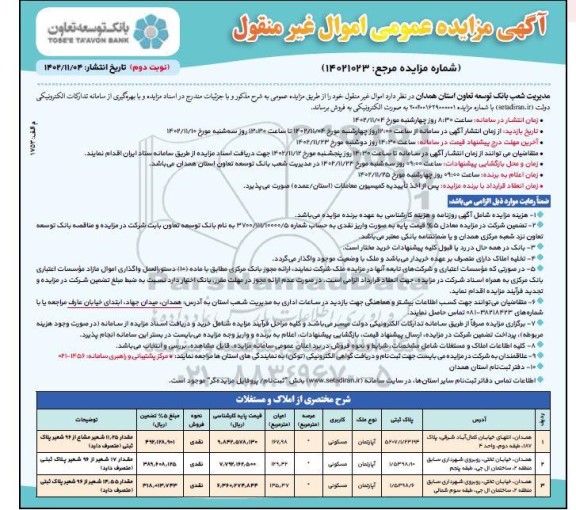 مزایده فروش آپارتمان مسکونی به مساحت 167.98 و 129.42 و 135.37
