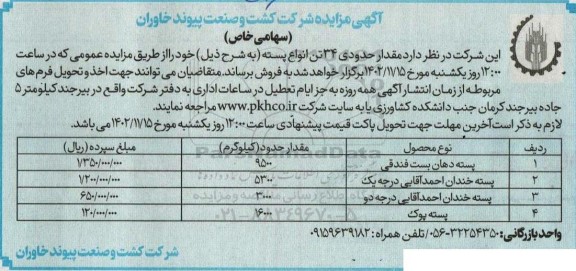 مزایده فروش حدود 34 تن انواع پسته