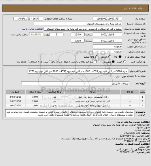 استعلام خرید 3000 متر کابل آلومینیوم 35*4  ،  1000 متر کابل آلومینیوم  50*4  ،  2000 متر کابل آلومینیوم  70*4