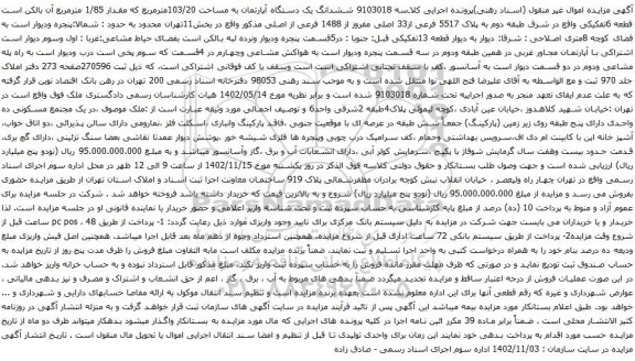 مزایده ششدانگ یک دستگاه آپارتمان به مساحت 103/20مترمربع