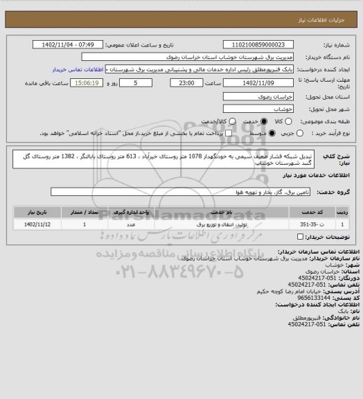 استعلام تبدیل شبکه فشار ضعیف سیمی به خودنگهدار 1078 متر روستای خیرآباد ، 613 متر روستای بابالنگر ، 1382 متر روستای گل گنبد شهرستان خوشاب