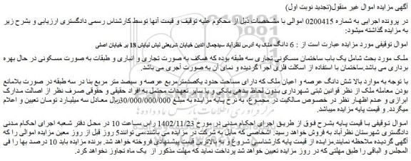 مزایده فروش یک باب ساختمان مسکونی تجاری