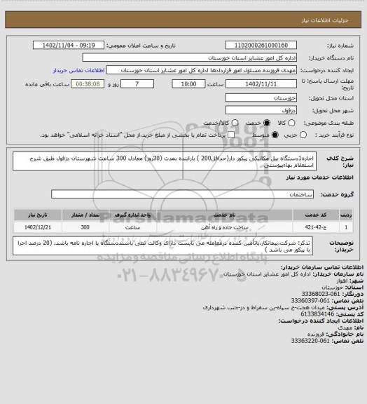 استعلام اجاره1دستگاه بیل مکانیکی پیکور دار(حداقل200 ) باراننده بمدت (30روز) معادل 300 ساعت  شهرستان دزفول طبق شرح استعلام بهاءپیوستی