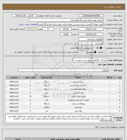 استعلام ابزار آلات کارگاهی(طبق لیست پیوست )