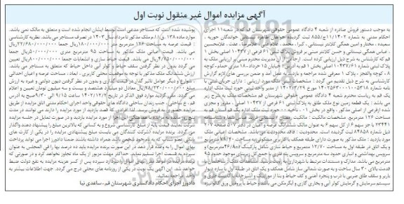 مزایده فروش ملک به پلاک ثبتی 61 فرعی از 10437.61 اصلی
