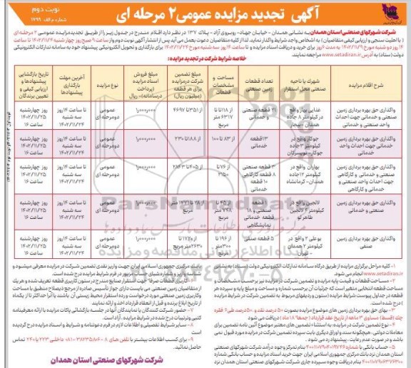 مزایده واگذاری حق بهره برداری زمین صنعتی جهت احداث واحد صنعتی و... تجدید ـ نوبت دوم
