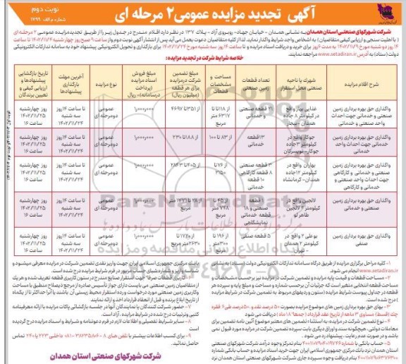 مزایده واگذاری حق بهره برداری زمین صنعتی جهت احداث واحد صنعتی  و... تجدید ـ نوبت دوم