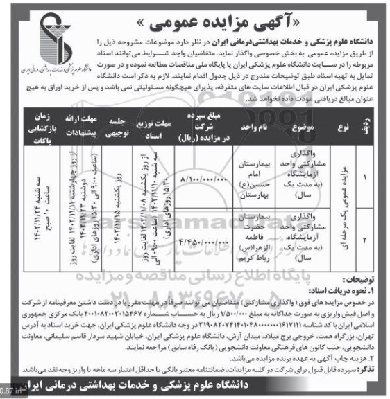 مزایده واگذاری مشارکتی واحد آزمایشگاه  ...